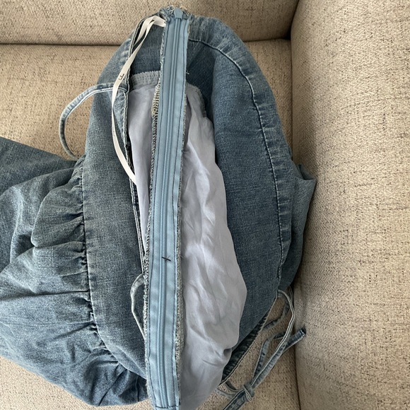 Lulus Charmed Aura Light Wash Blue Denim Tie-Strap Bubble Hem Mini Dress NWT Med - Picture 12 of 15